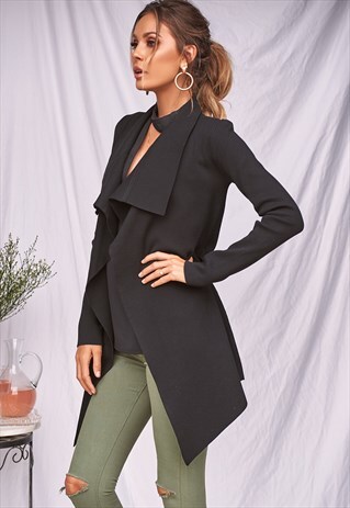 BLACK KNITTED TIE-UP COAT