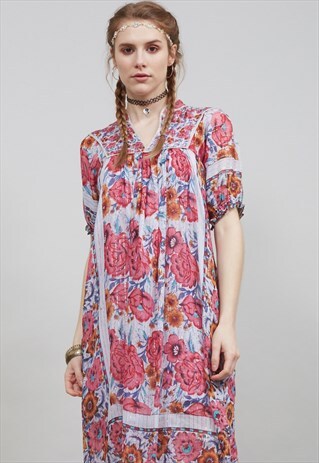 VINTAGE 70'S BLUSH RED PEONIES FLORAL INDIAN BOHO DRESS