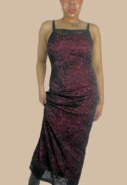 Vintage Y2K Prom Dress Suede Printed Design on Mesh Overlay