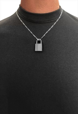 22" 20MM PADLOCK 4MM FIGARO NECKLACE CHAIN - SILVER