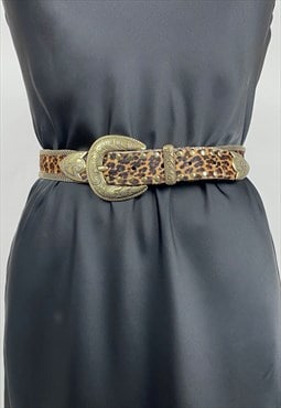 80's Animal Print Brown Gold Metal Ladies Belt 