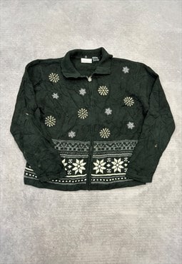 Vintage Knitted Cardigan Embroidered Snowflake Pattern Knit