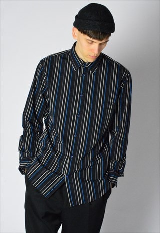 VINTAGE 90S BLACK BLUE WHITE STRIPED SHIRT