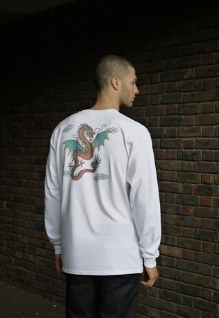 CHINESE DRAGON DESIGN ON WHITE LONG SLEEVED T-SHIRT