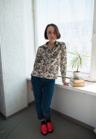 VINTAGE 70'S CREAM/BROWN PATTERNED TOP