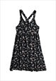 90S VINTAGE DRESS PINAFORE DUNGAREE MIDI FLORAL BLACK