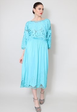 70's Ladies Vintage Dress Blue Cotton Embroidery Sequin Midi