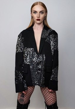 Sequin embellished blazer shiny going out jacket asymmetric 