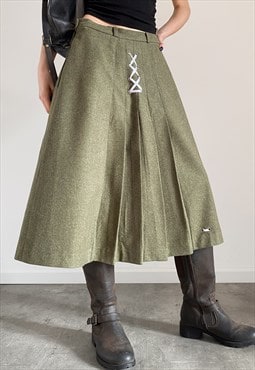 Vintage wool pleated midi skirt in khaki green 