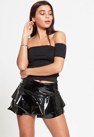 BLACK HIGH WAIST WET LOOK RUFFLE SHORTS
