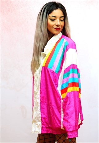 1980S VINTAGE PINK RAINBOW OVERSIZED SHELL TRACK JACKET