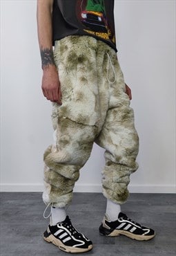  Tie-dye faux fur joggers fleece pants 2 in 1 trouser shorts