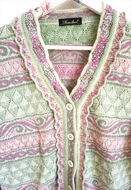 Vintage Green and Pink Romantic Cardigan with Pearls