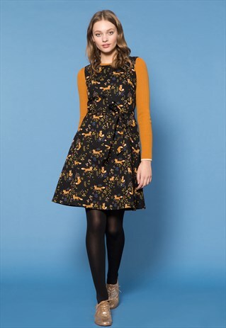 BLACK SLEEVELESS FOX PRINT DRESS