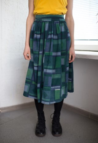 VINTAGE 60'S GREEN ABSTRACT PRINT HIGH WAISTED MIDI SKIRT