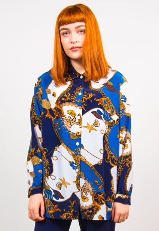 VINTAGE 90'S BLUE NAUTICAL PATTERN LONG SLEEVE SHIRT