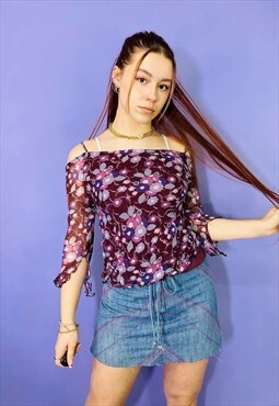 Vintage 90s Y2K Purple Floral Frill Trim Top
