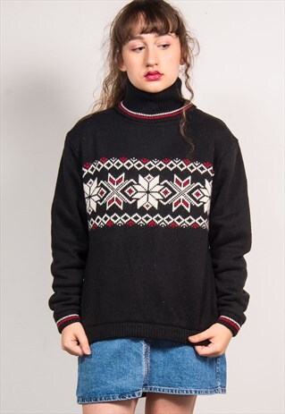 VINTAGE 90'S BLACK FAIRISLE PATTERN HIGH TURTLE KNIT JUMPER