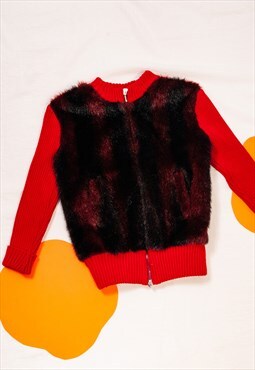 Vintage Cardigan Y2K Faux Fur Sweater in Maroon Red