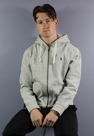 VINTAGE POLO RALPH LAUREN HOODIE IN GREY WITH EMBROIDERED LO