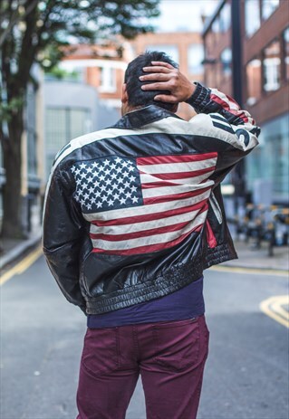 RARE VINTAGE 70'S BIG FLAG USA LEATHER BIKER JACKET