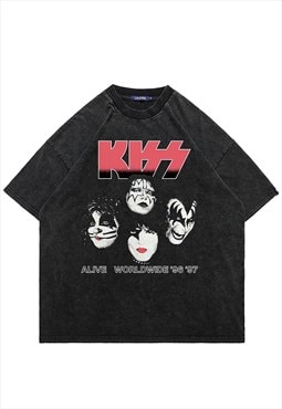 Kiss t-shirt vintage wash retro rock band tee punk top grey