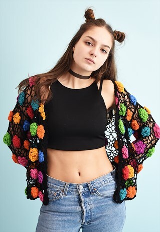 80'S RETRO BOHO TRANSPARENT MESH FISHNET CARDI IN CROCHET