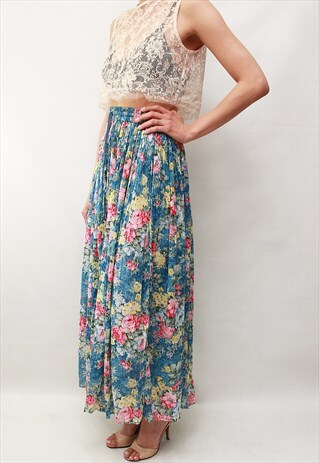 VINTAGE 90' AMAZING CUTE FLOWER BLUE LONG SKIRT