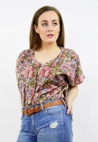 VINTAGE 90S FLORAL SILK SHORT SLEEVED BLOUSE TOP