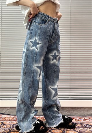 Star print jeans graffiti trousers shredded denim pants blue