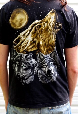 1990'S VINTAGE BLACK GRAPHIC 2-TONE WOLF PRINT T-SHIRT