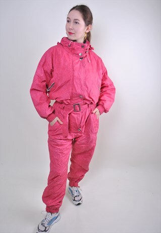 VINTAGE RED SKI SUIT, WOMAN ONE PIECE SNOW SUIT EMBROIDERY