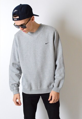 VINTAGE 90S GREY NIKE V-NECK SWEATSHIRT JUMPER