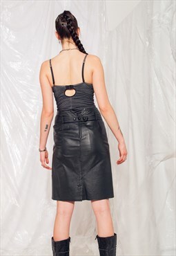 Vintage Leather Skirt 80s Glam Midi in Black