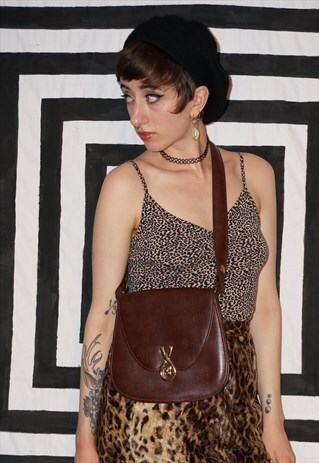 VINTAGE 80'S BROWN FAUX LEATHER BAG WITH GOLD BUCKLE