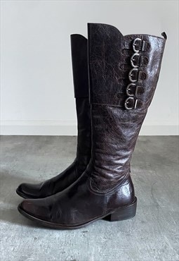 Vintage Y2K 00s real leather brown knee boots with buckles
