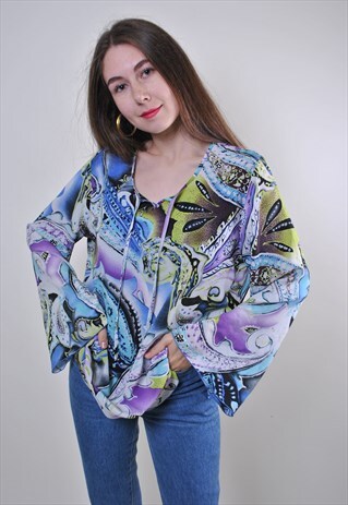 VINTAGE ABSTRACT PRINT MULTICOLOR TIE LACE HIPPIE BLOUSE