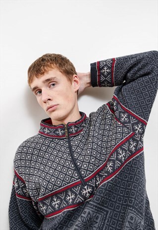 VINTAGE 90S NORDIC HIGH ZIP NECK BOXY KNIT JUMPER MEN M