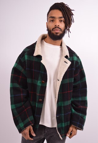 MENS VINTAGE SHERPA JACKET LARGE MULTI CHECK 90S