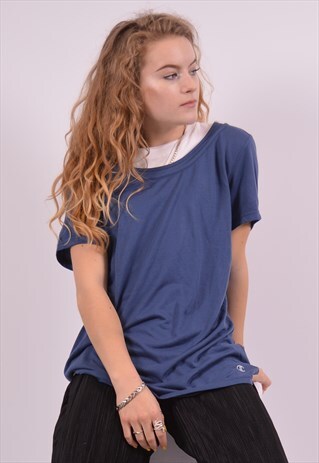 CHAMPION WOMENS VINTAGE T-SHIRT TOP XXL BLUE 90S
