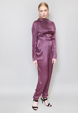 VINTAGE 1980'S PURPLE SILKY BOW BACK JUMPSUIT
