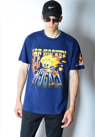 VINTAGE 90S NAVY BLUE FINLAND HOCKEY FLAME T-SHIRT
