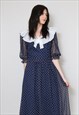 70'S VINTAGE LADIES DRESS BLUE SHEER WHITE POLKA DOT MAXI