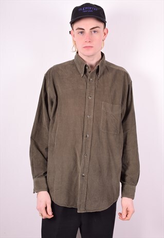 MENS VINTAGE CORDUROY SHIRT LARGE KHAKI 90'S