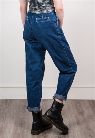 VINTAGE 90'S DARK BLUE DENIM HIGH WAIST MOM JEANS