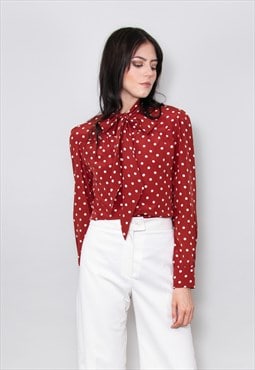 70's Vintage Red Brown White Polka Dot Pussy Bow Blouse