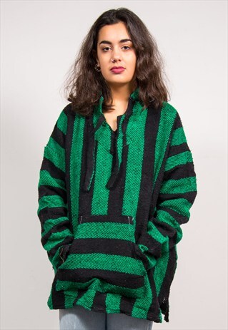 90'S VINTAGE GREEN STRIPE GRUNGE BAJA HOODIE JUMPER