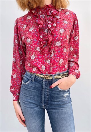 80'S VINTAGE LADIES LONG SLEEVE BLOUSE RUFFLE PINK FLORAL