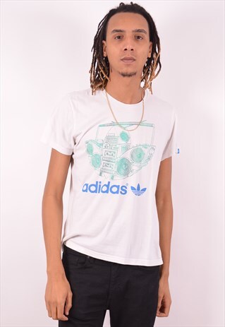 ADIDAS MENS VINTAGE T-SHIRT TOP MEDIUM WHITE 90S