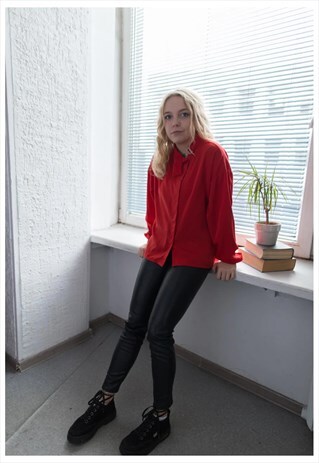 VINTAGE 80'S RED HIGH BUCKLE COLLAR LONG SLEEVED BLOUSE